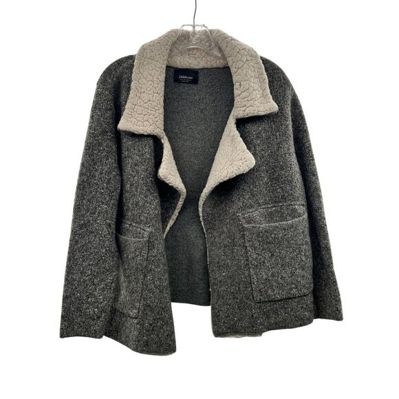 Zara Knit Women's Open Front Coat Gray/Cream Collared Size Small Pockets - Picture 1 of 9